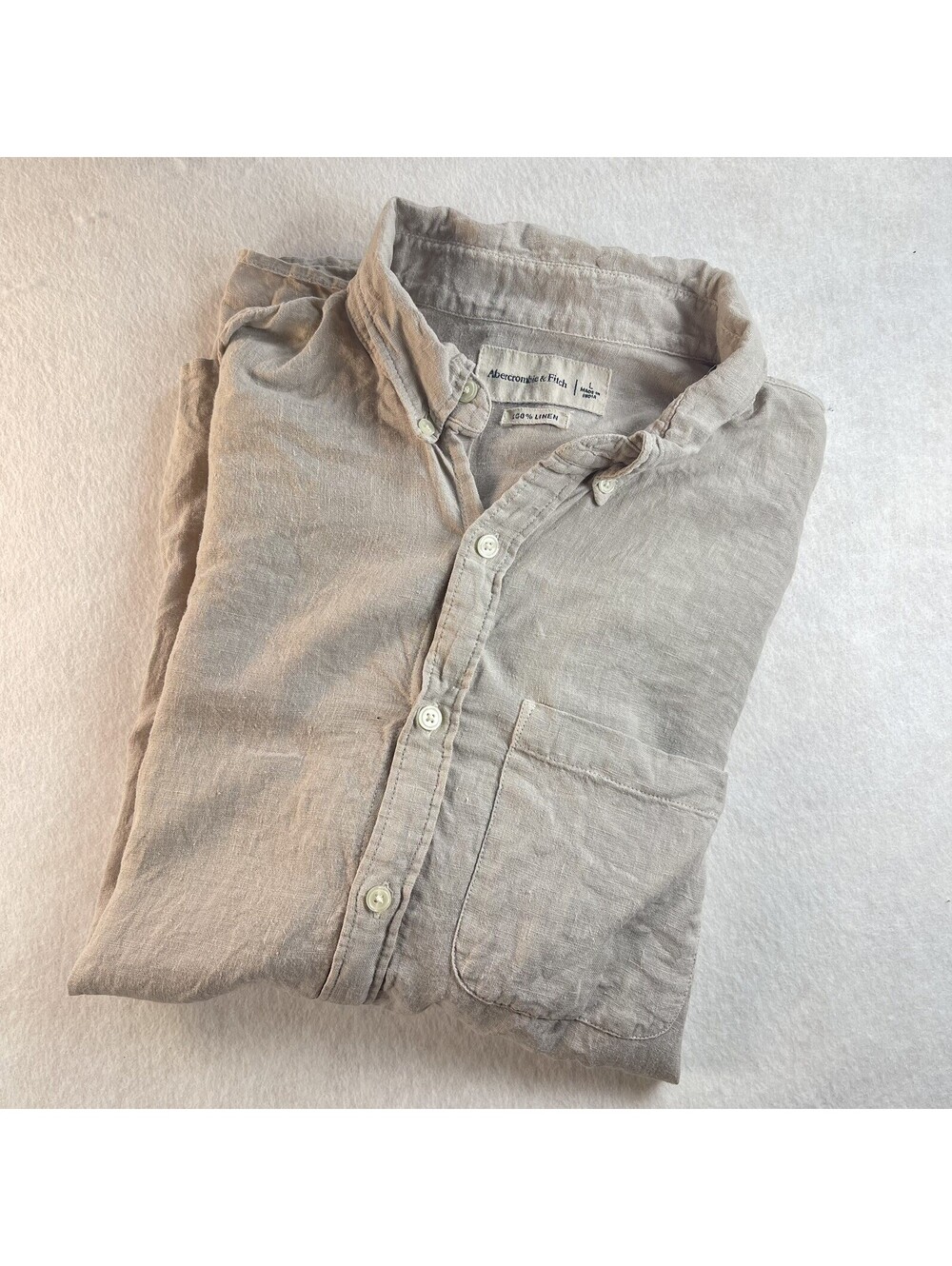Abercrombie & Fitch Mens Shirt Tan 100% Linen Long Sleeve Sz L Casual Logo khaki